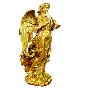 Golden brass angel trumpet statue front view celestial musician detail