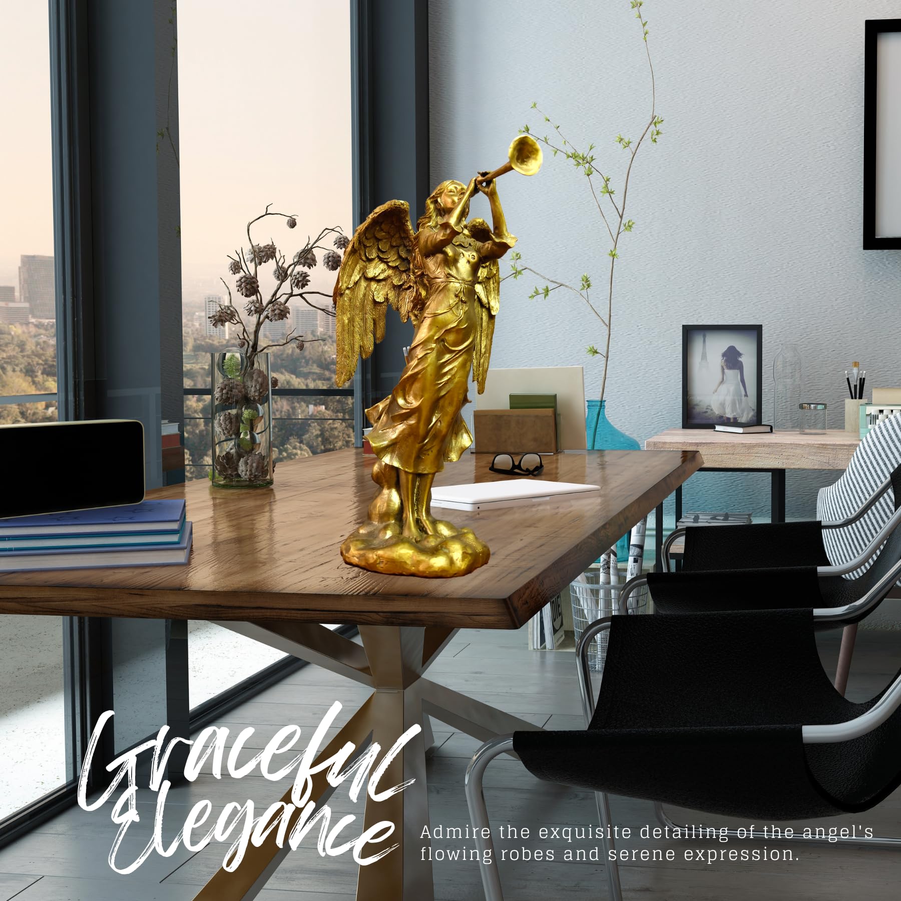 Golden brass angel trumpet statue graceful elegance dining table display