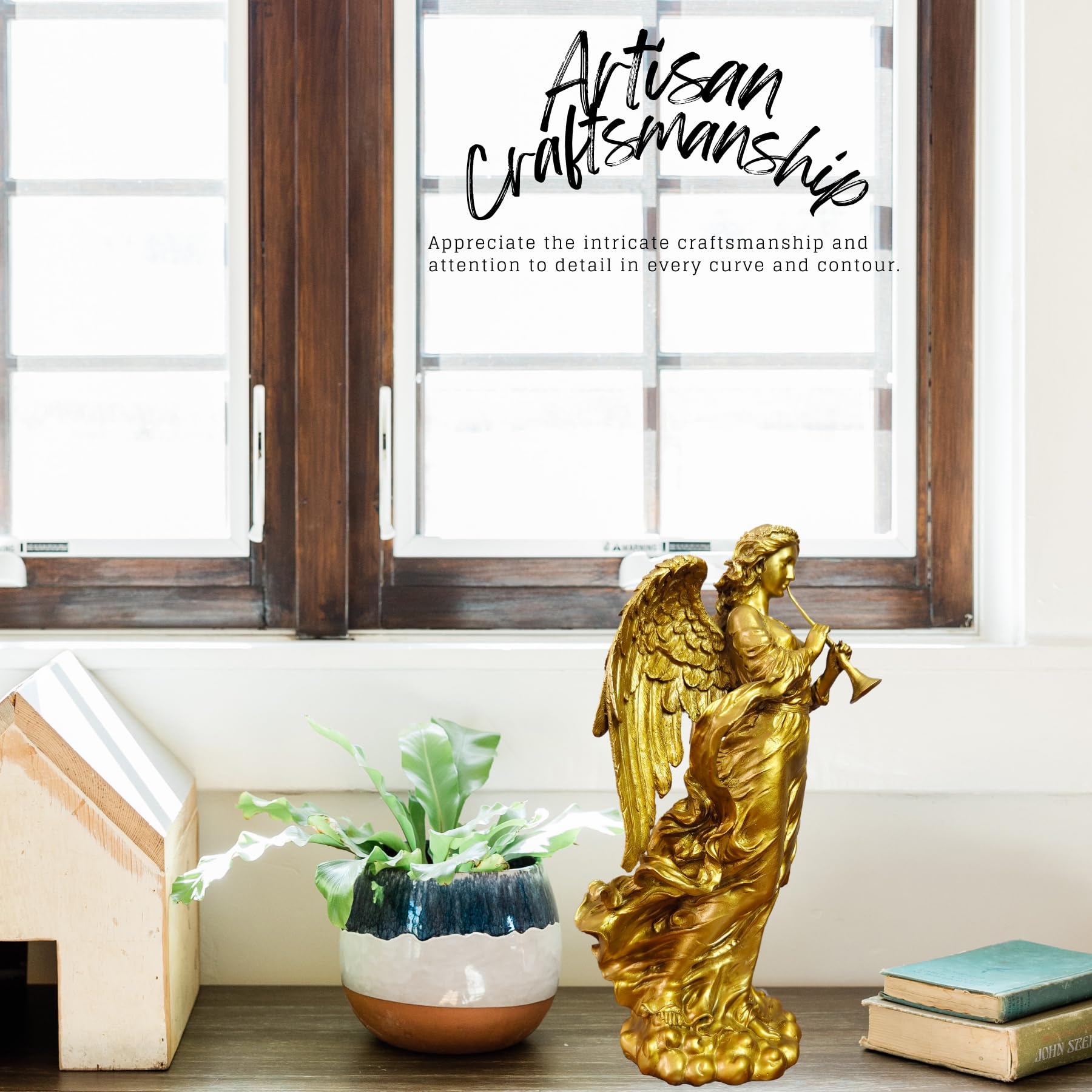 Golden brass angel trumpet statue style 2 artisan craftsmanship window natural light display