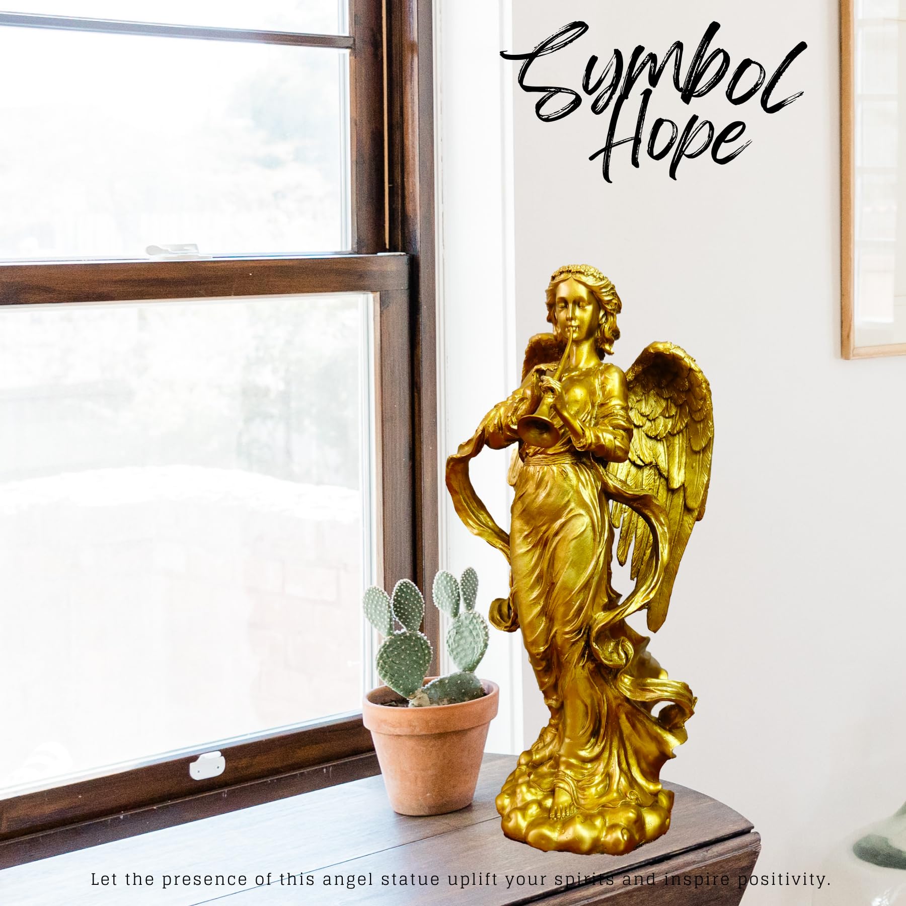 Golden brass angel trumpet statue style 2 artisan craftsmanship window natural light display