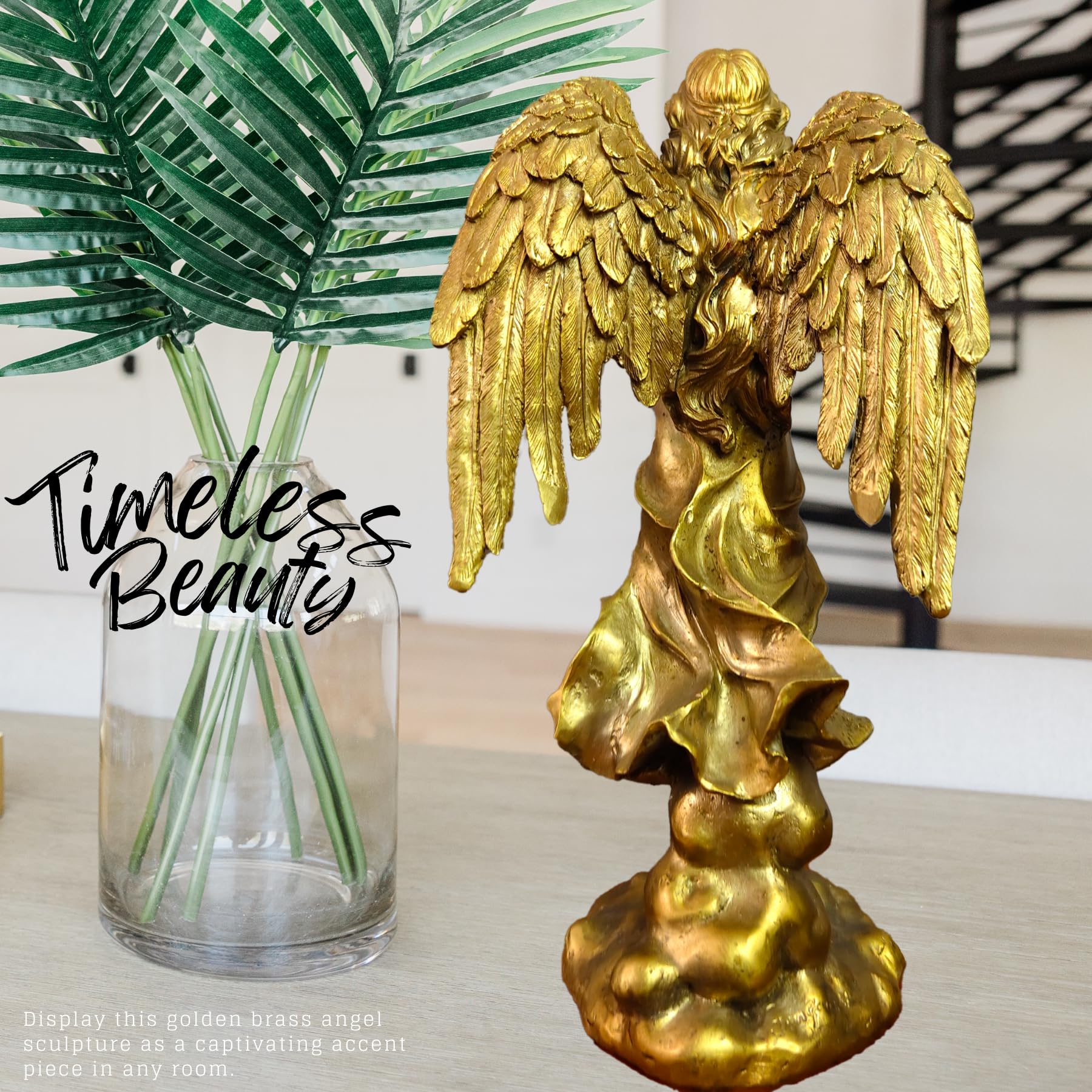 Golden brass angel trumpet statue timeless beauty hand scale size reference