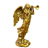 Golden pure brass windblown angel with trumpet statue full view white background