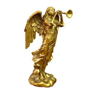 Golden pure brass windblown angel with trumpet statue full view white background