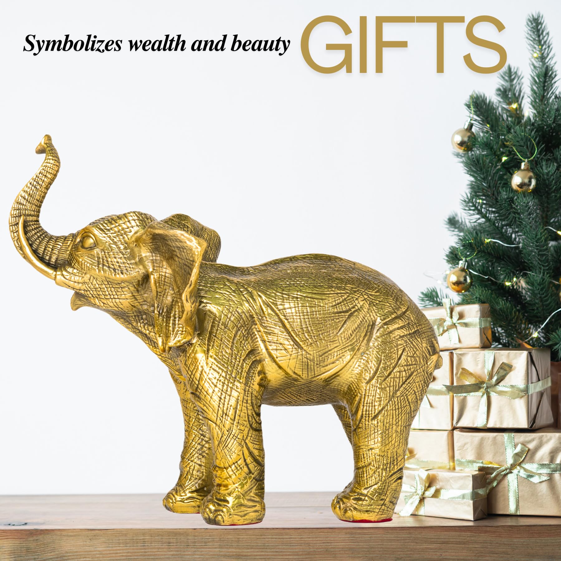 Golden brass elephant statue on office desk as symbol of strength and wealth decor