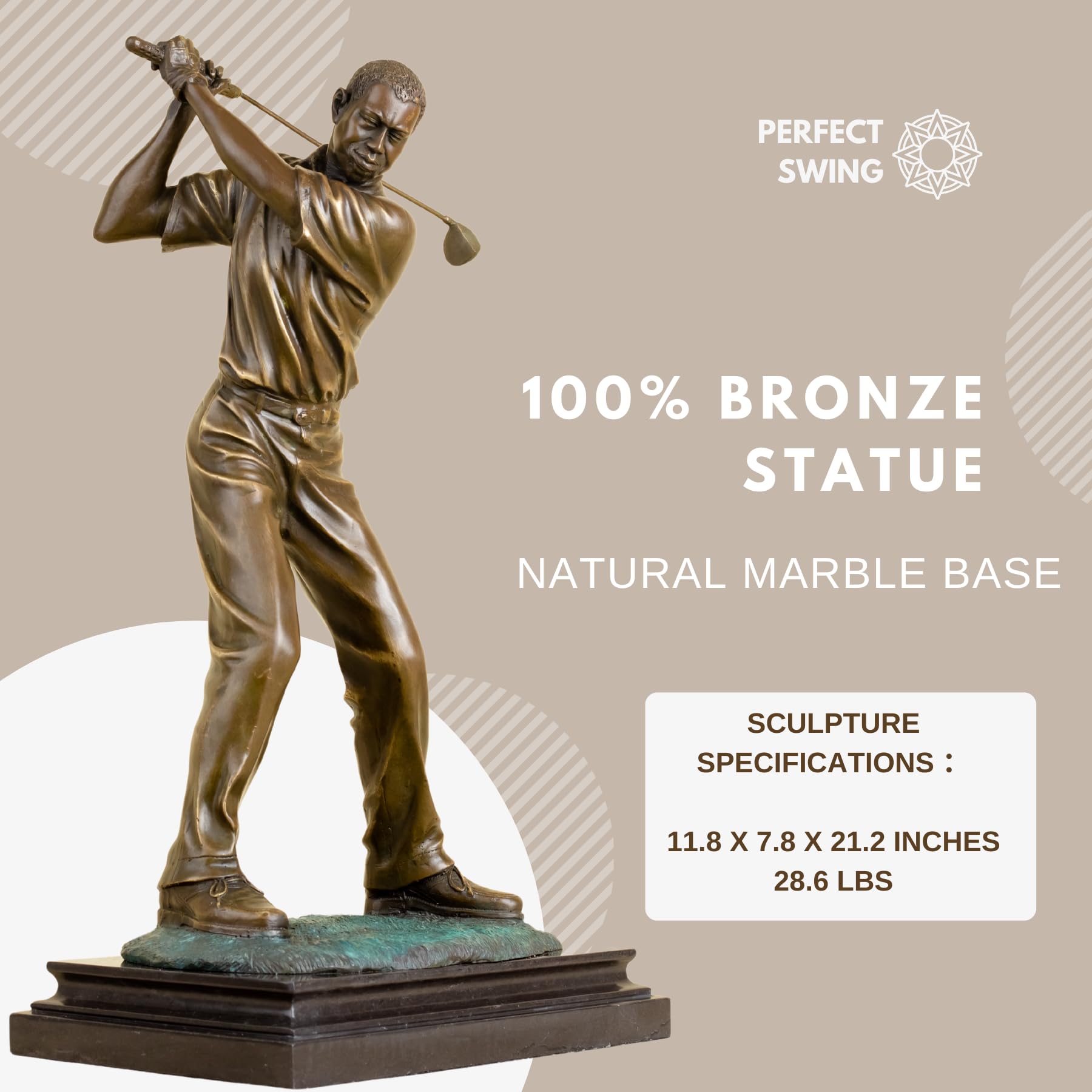 Grand bronze male golfer statue 100 percent pure bronze swing pose specifications