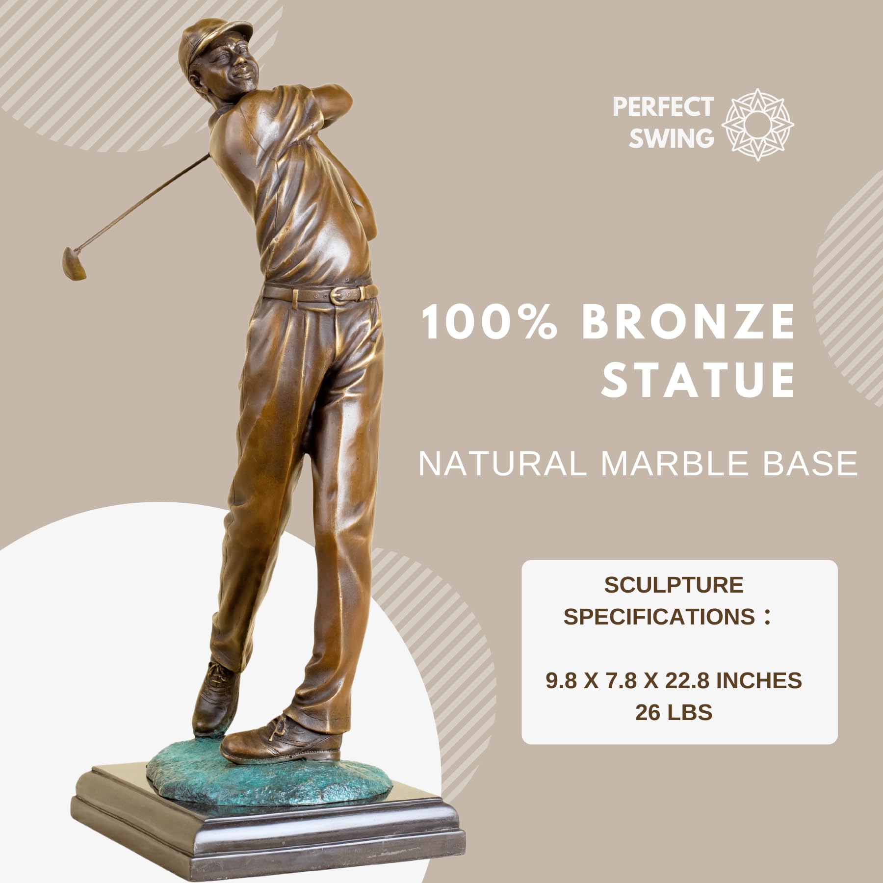Grand bronze female golfer statue swing pose front view black marble base