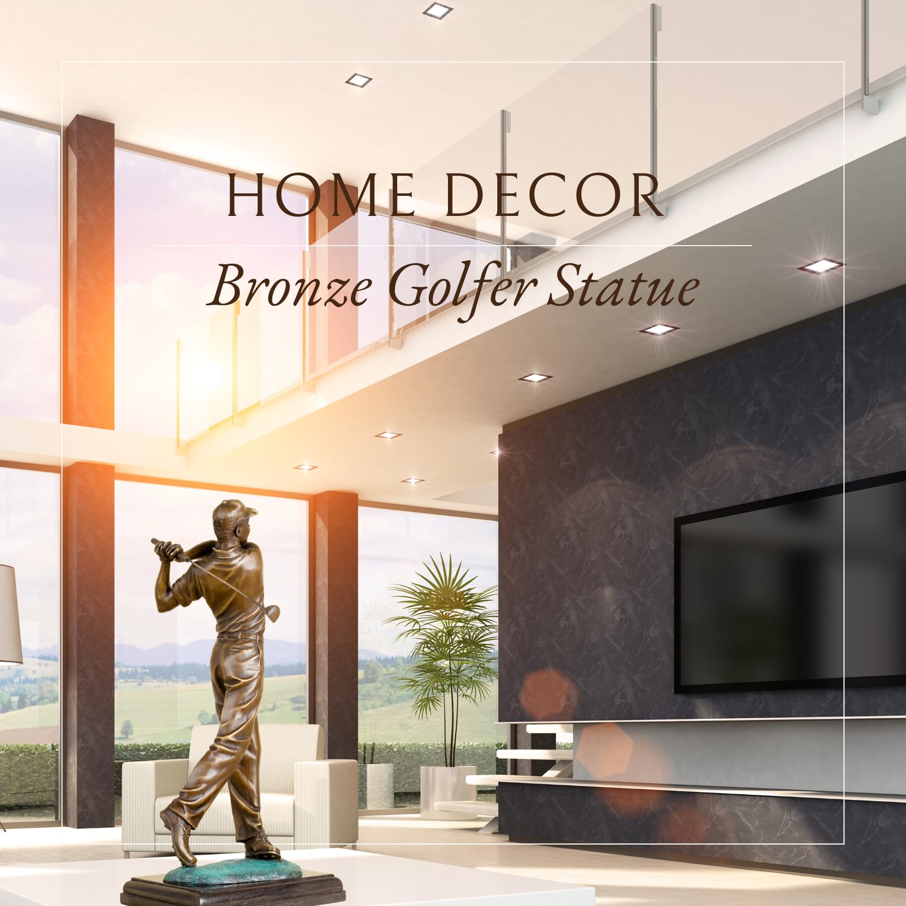 Grand bronze golf statue golfer magazine editorial lobby interior display