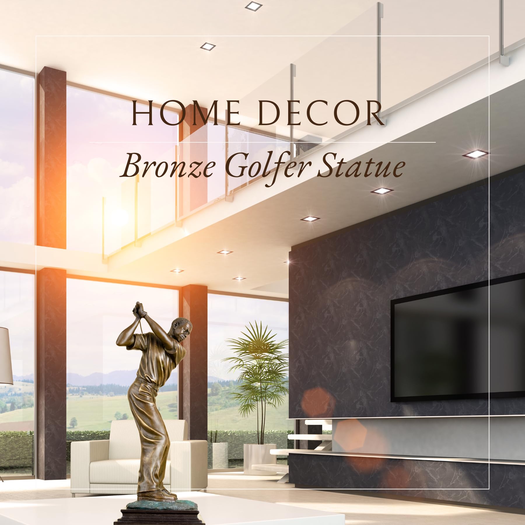 Grand bronze male golfer statue home decor luxury ocean view interior display