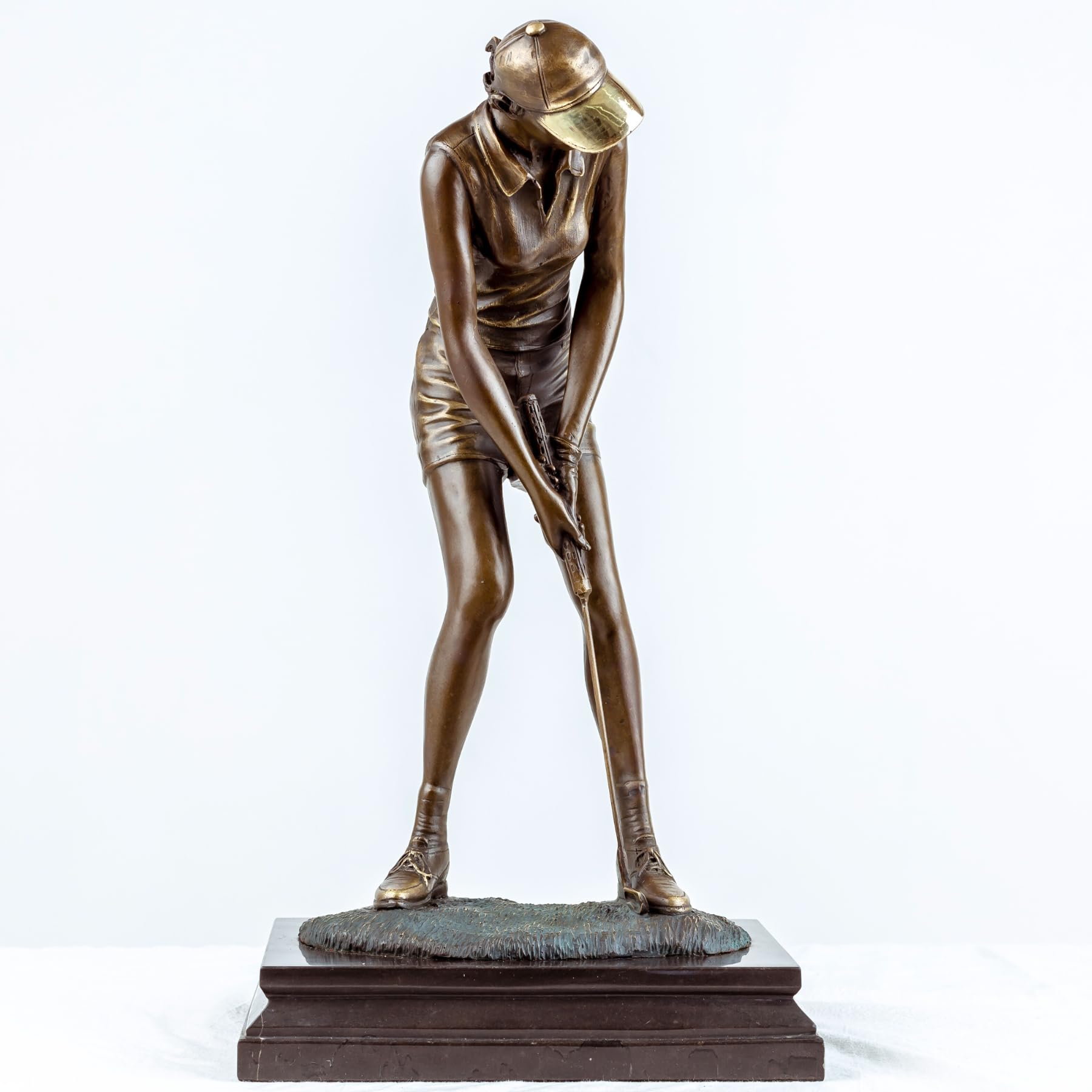 Grand bronze male golfer statue address pose front view black marble base