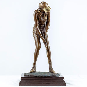 Grand bronze male golfer statue address pose front view black marble base