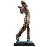 Grand bronze male golfer statue backswing pose front view black marble base