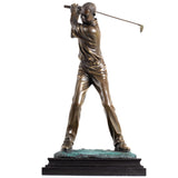 Grand bronze male golfer statue follow through swing pose front view