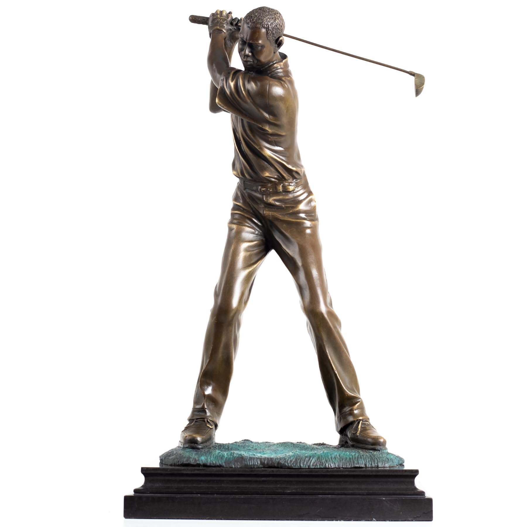 Grand bronze male golfer statue follow through swing pose front view