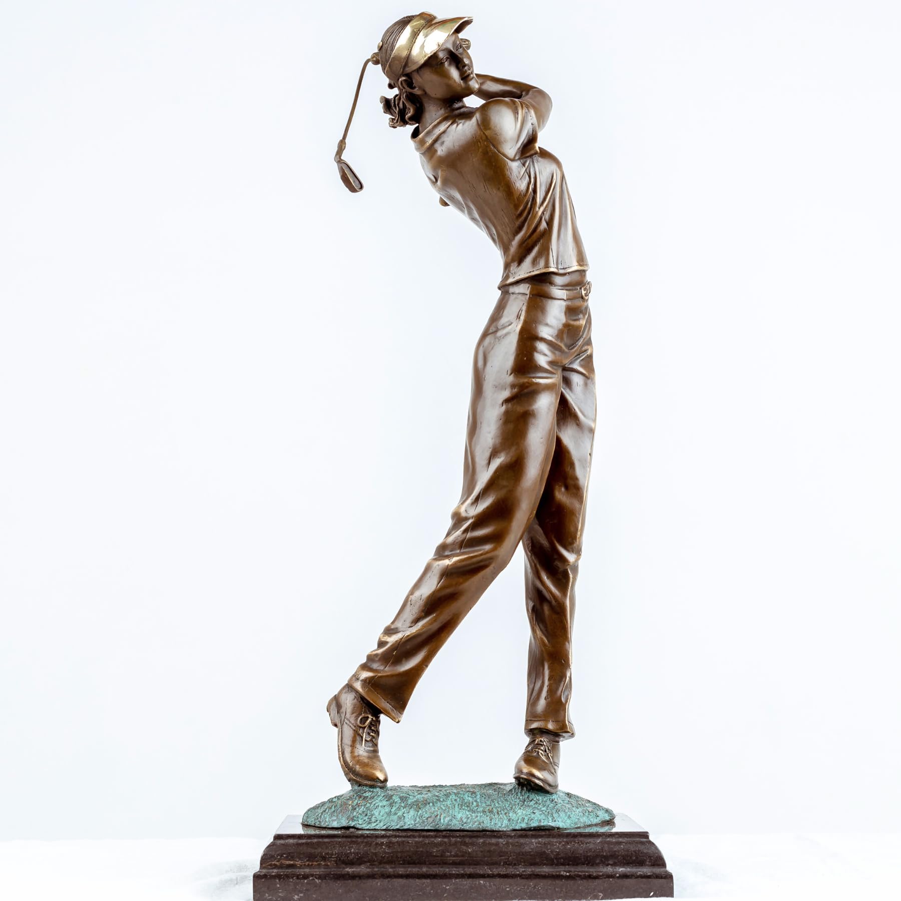 Grand museum quality bronze male golfer statue full swing pose full view white background