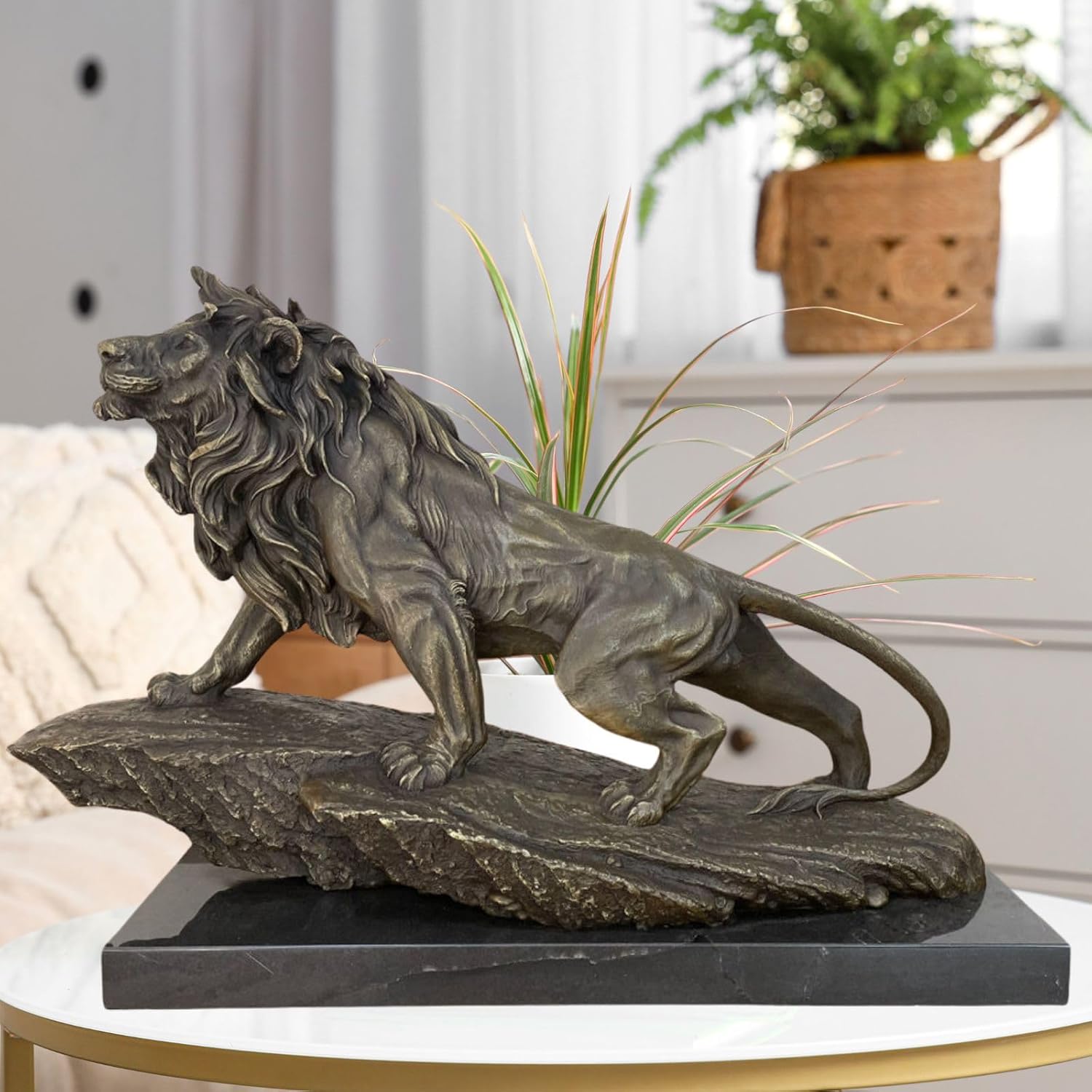 21.6-inch grand bronze lion statue King of Beasts lost-wax cast on marble base in living room setting