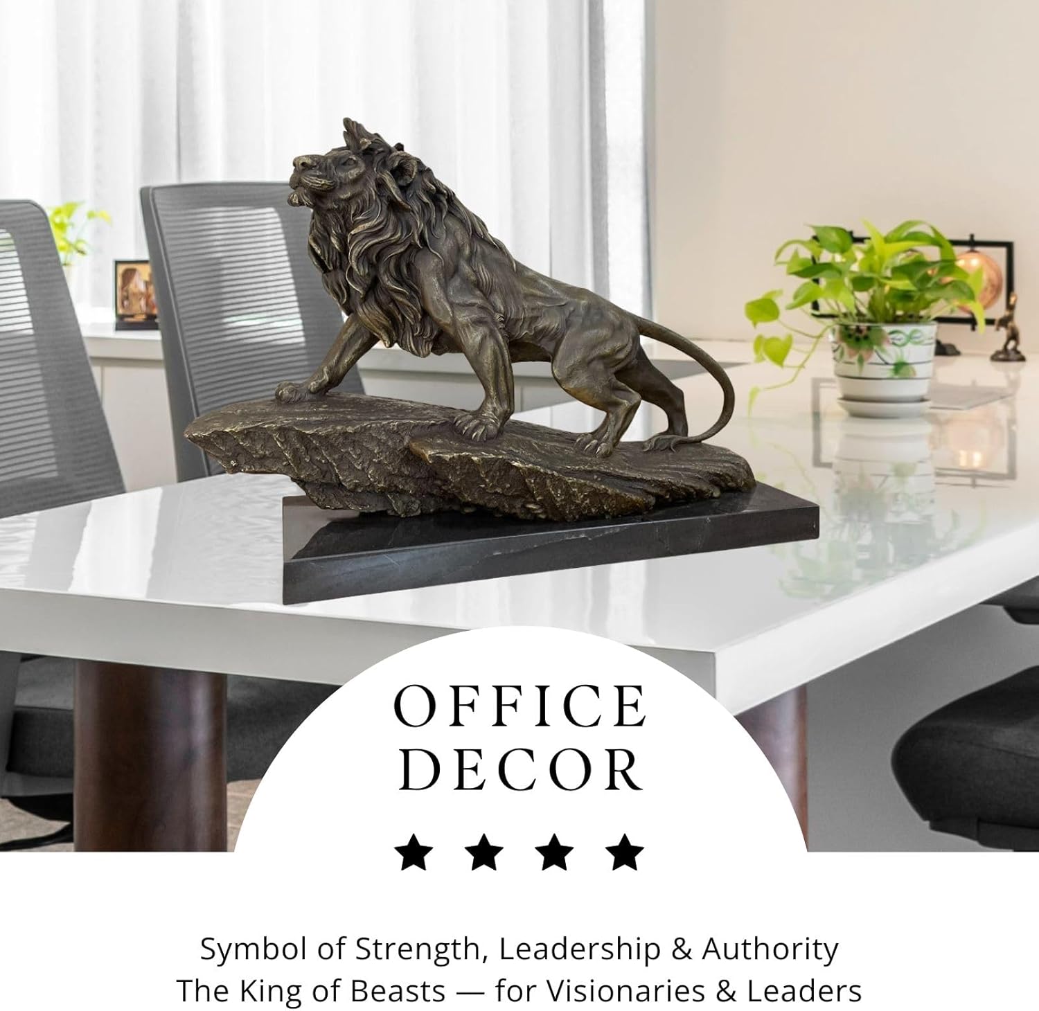 Grand bronze lion statue on marble base displayed as luxury executive office decor side view