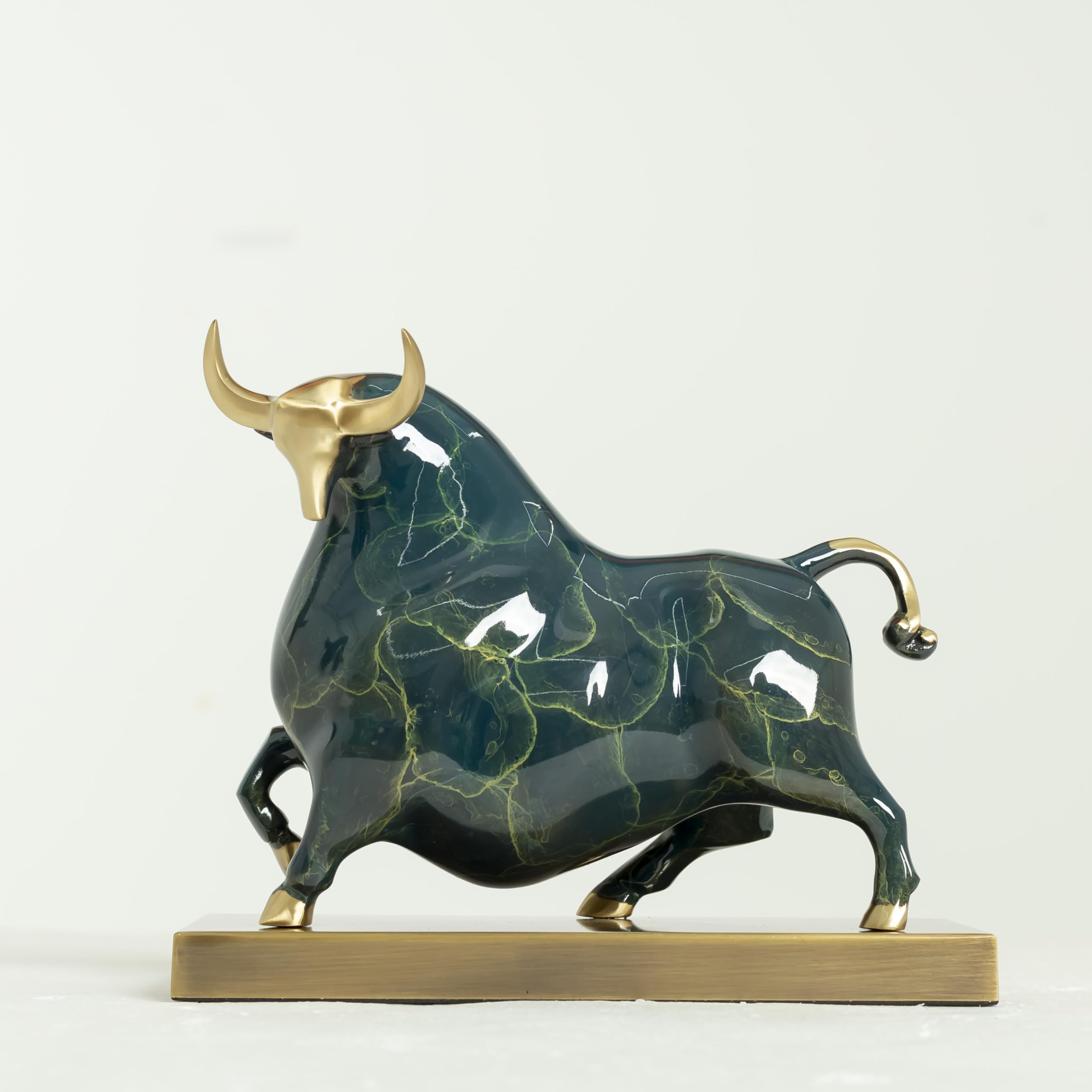 Handcrafted green enamel Wall Street bull statue, front view.