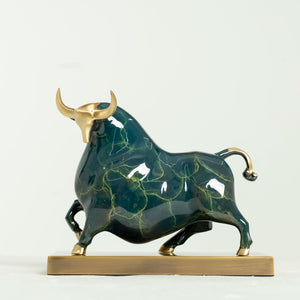 Handcrafted green enamel Wall Street bull statue, front view.