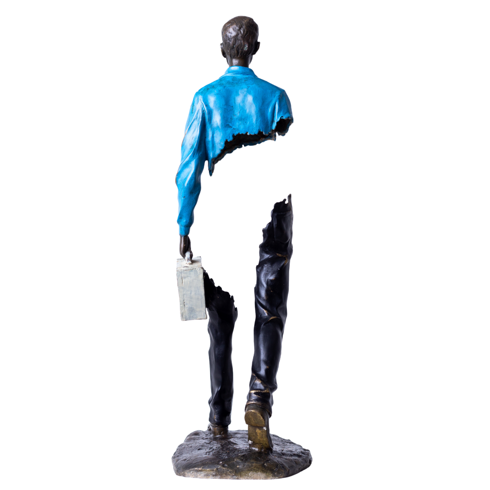Texture details of the hand-painted blue jacket on the bronze traveler sculpture.