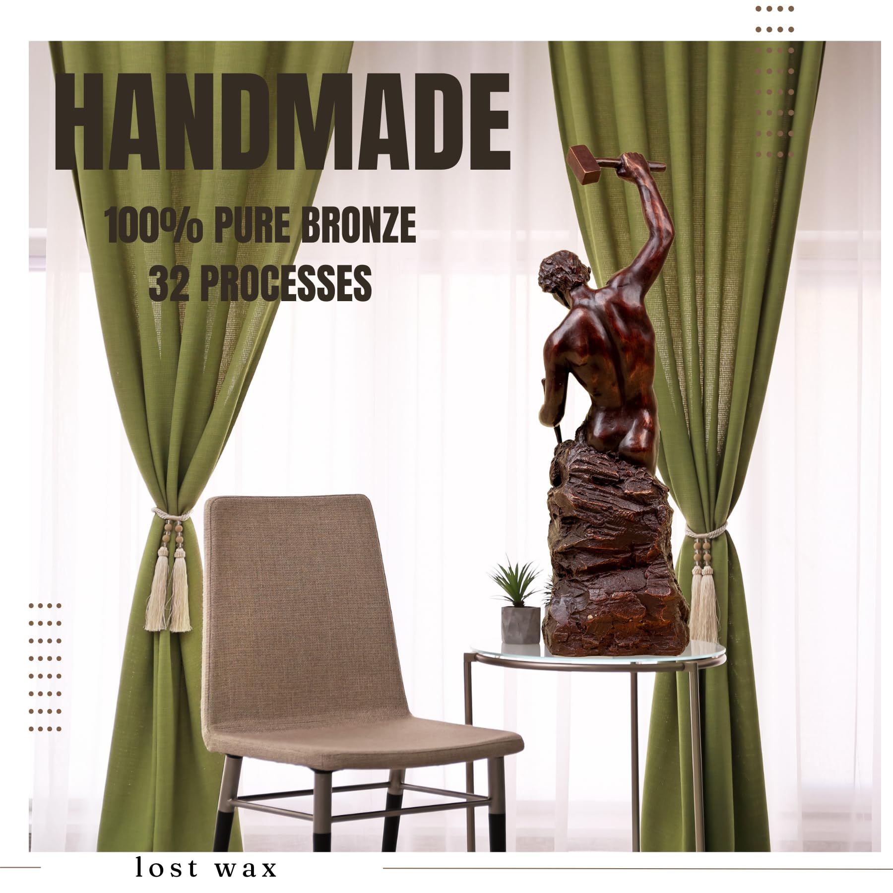 Marketing poster highlighting the handmade 100% pure bronze craftsmanship process