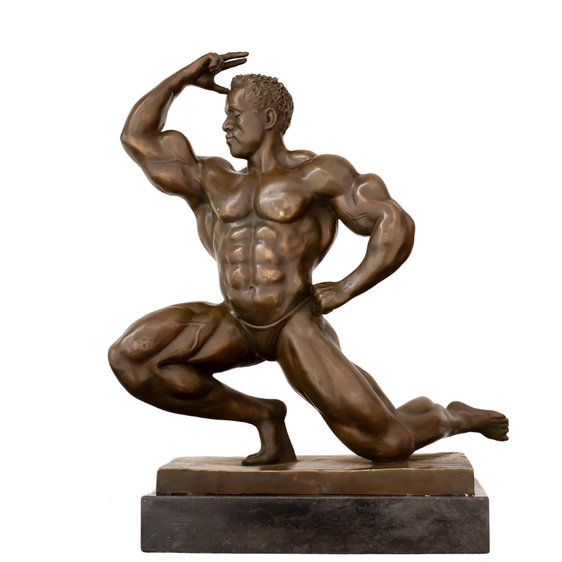14.4-inch kneeling bodybuilder bronze sculpture in aesthetic muscle posing pose, full front view on marble base