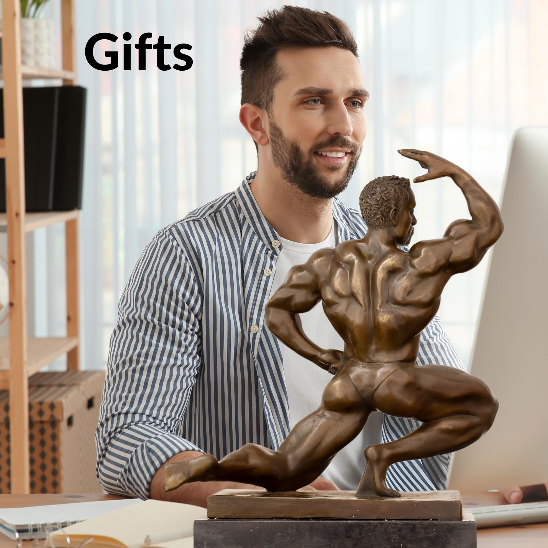 Kneeling bodybuilder bronze sculpture as gift for fitness enthusiasts displayed on office desk