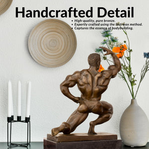 Handcrafted detail of kneeling bodybuilder bronze sculpture showing muscle anatomy and patina texture