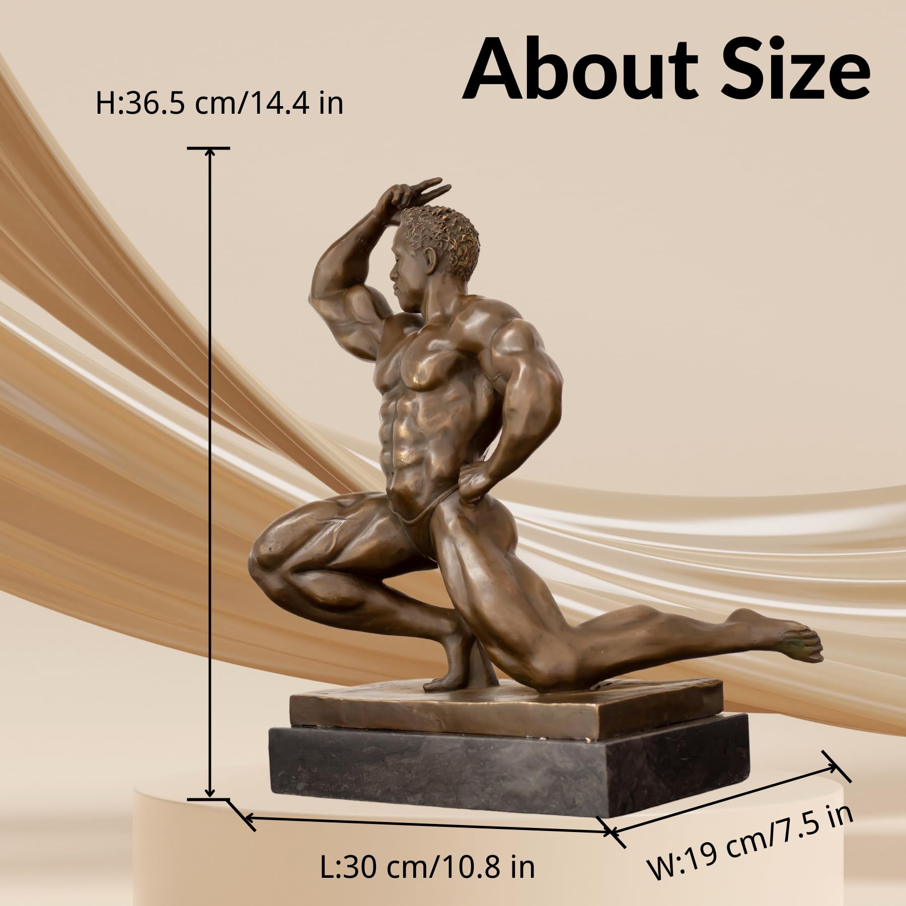 Kneeling bodybuilder bronze statue size chart showing dimensions and 19.4lbs heavyweight weight
