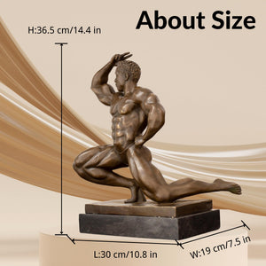 Kneeling bodybuilder bronze statue size chart showing dimensions and 19.4lbs heavyweight weight