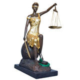24.4-inch gold bronze Lady Justice Themis seated statue handmade on marble base, front view white background