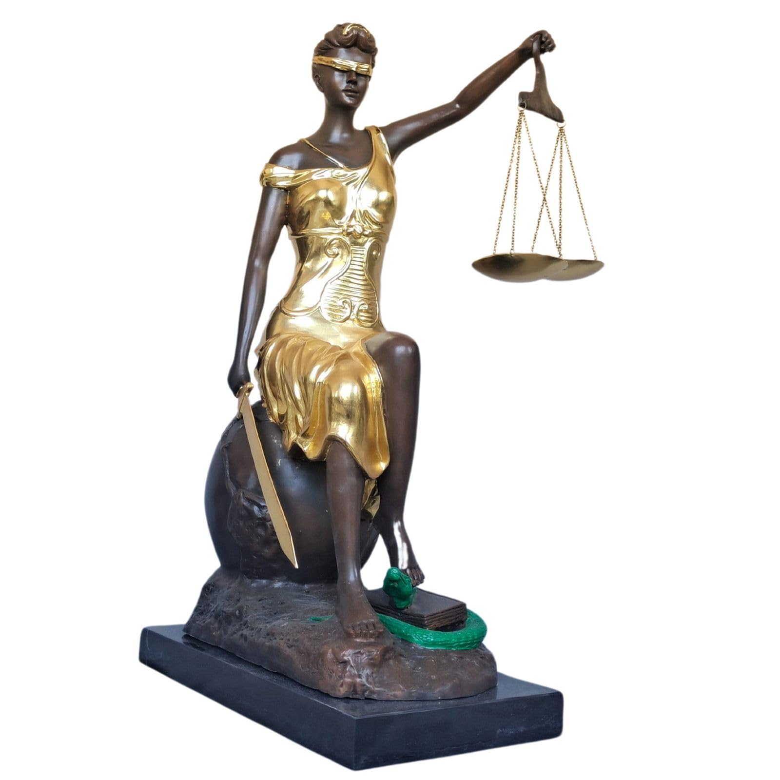 24.4-inch gold bronze Lady Justice Themis seated statue handmade on marble base, front view white background