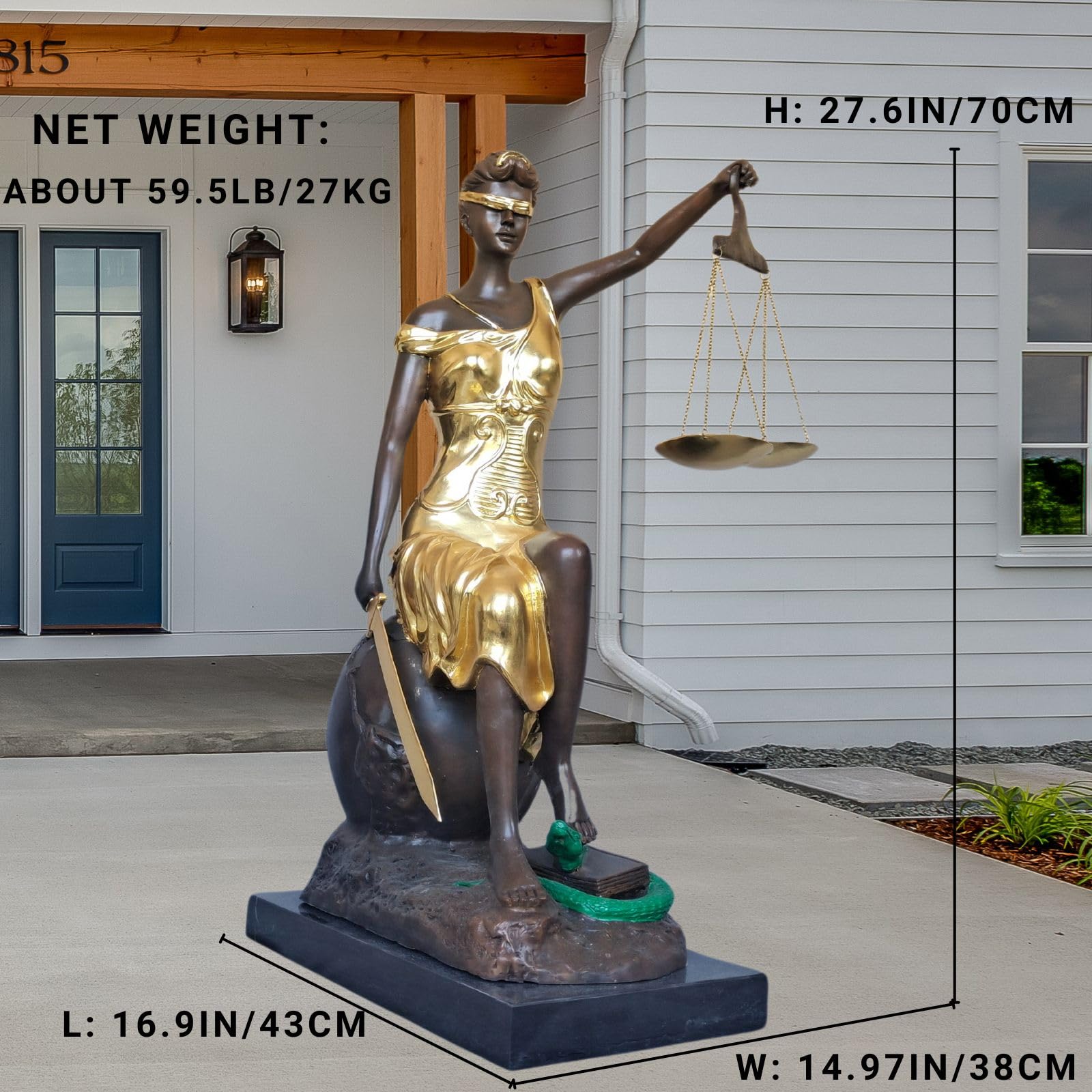 Large bronze Lady Justice Themis statue size and weight reference showing 24.4 inch height dimensions
