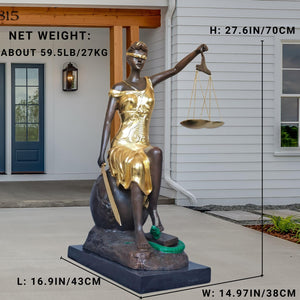 Large bronze Lady Justice Themis statue size and weight reference showing 24.4 inch height dimensions