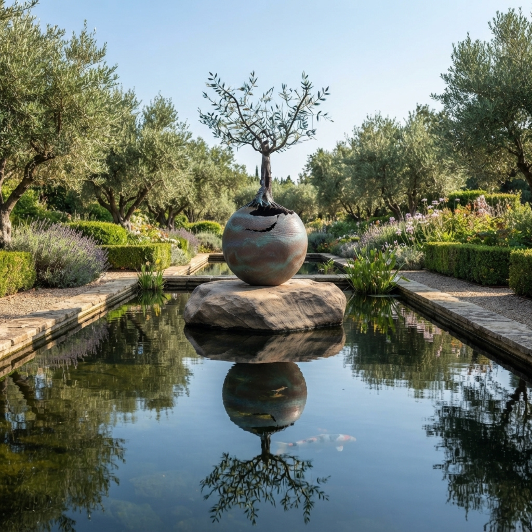 3-meter-tall large bronze globe and olive tree sculpture standing by a serene koi pond in a manicured landscape garden.