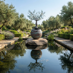 3-meter-tall large bronze globe and olive tree sculpture standing by a serene koi pond in a manicured landscape garden.