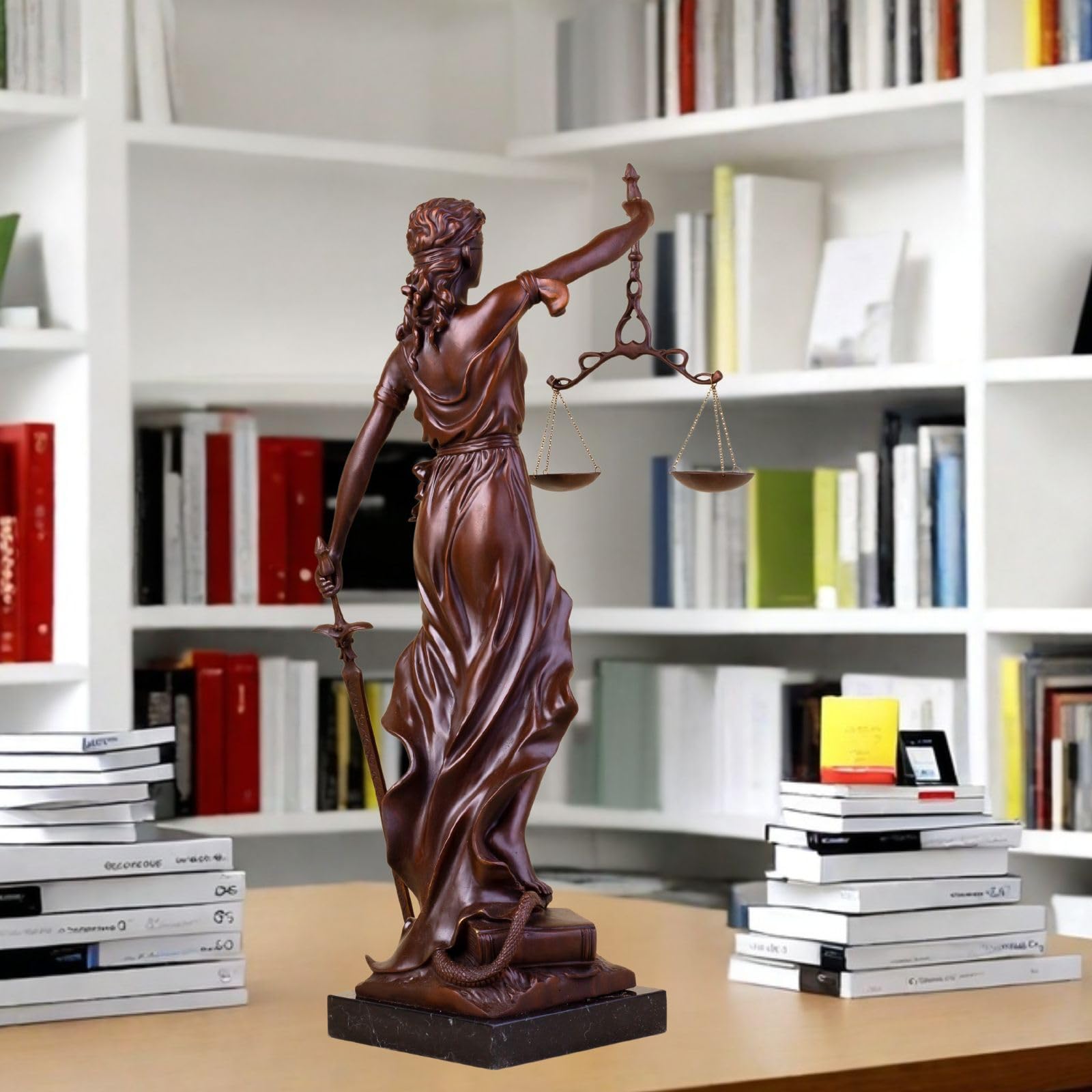 Large gold bronze Lady Justice Themis statue displayed on modern bookshelf in library setting