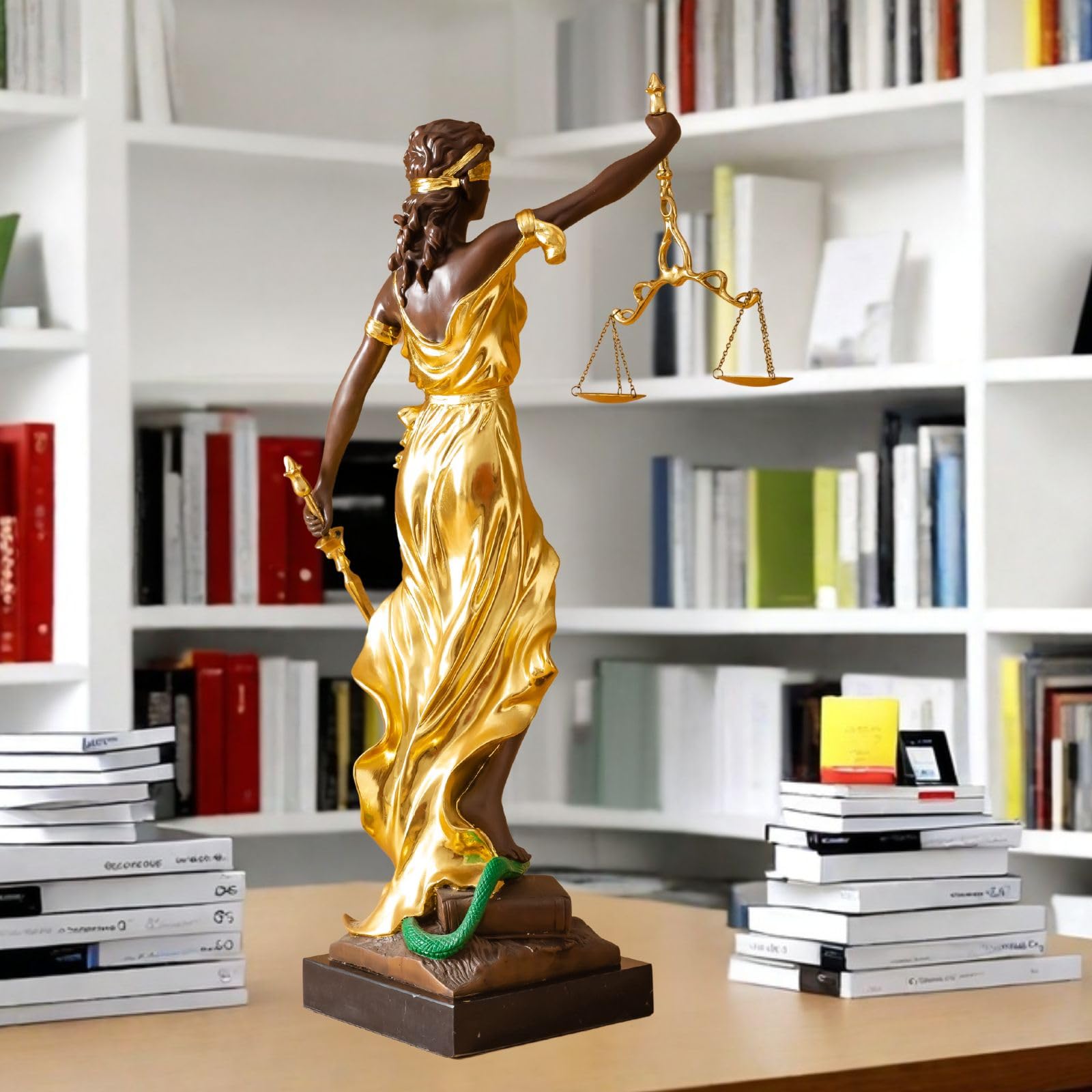 Large gold bronze Lady Justice Themis statue displayed on modern bookshelf in library setting