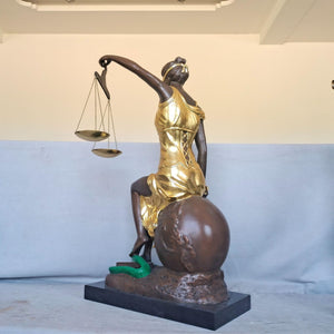 Side view of large gold bronze Lady Justice Themis seated statue on marble base
