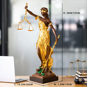 Large gold bronze Lady Justice Themis standing statue with size dimension reference showing 24.4 inch