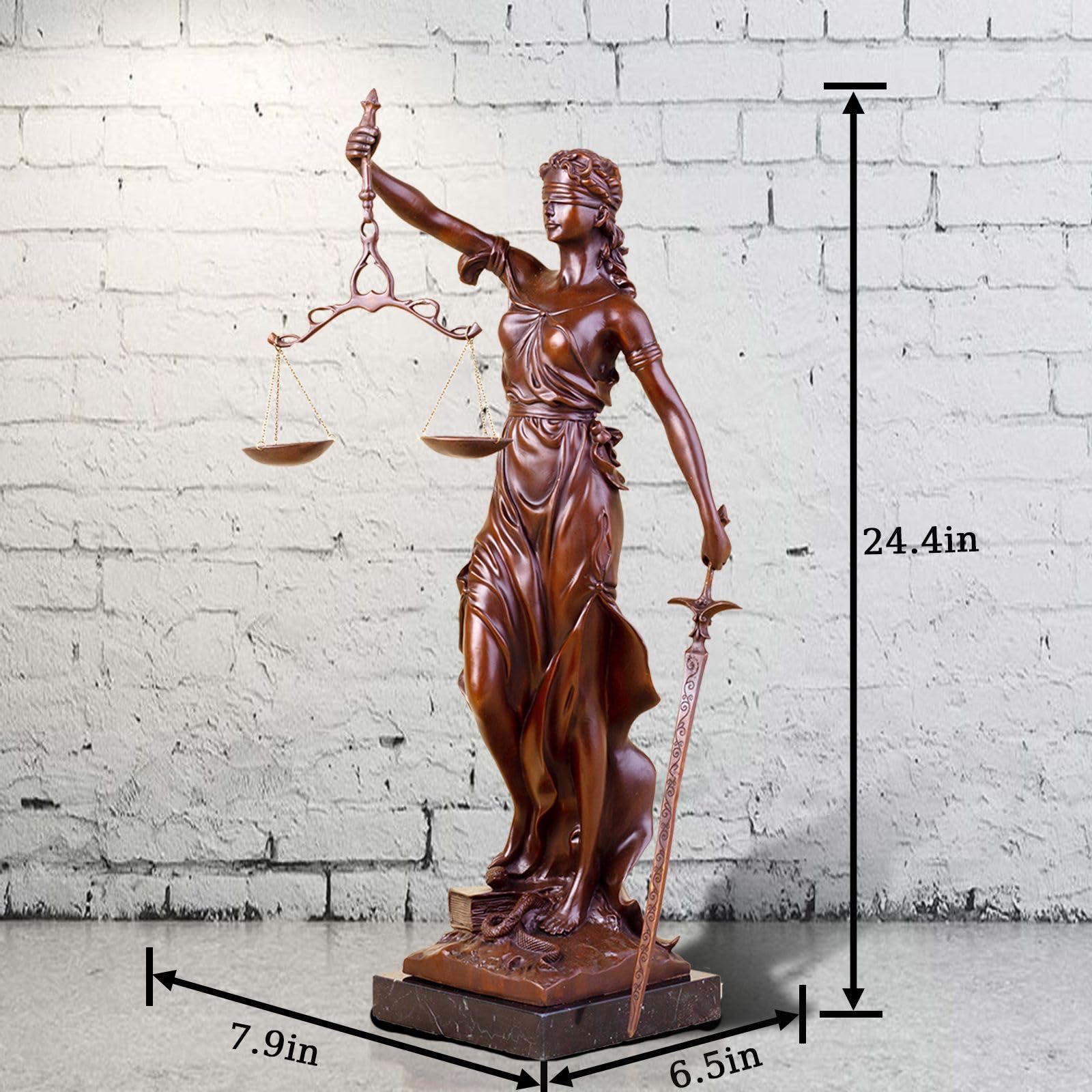 Large red bronze Lady Justice Themis statue with size dimension reference labels