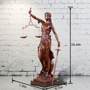 Large red bronze Lady Justice Themis statue with size dimension reference labels