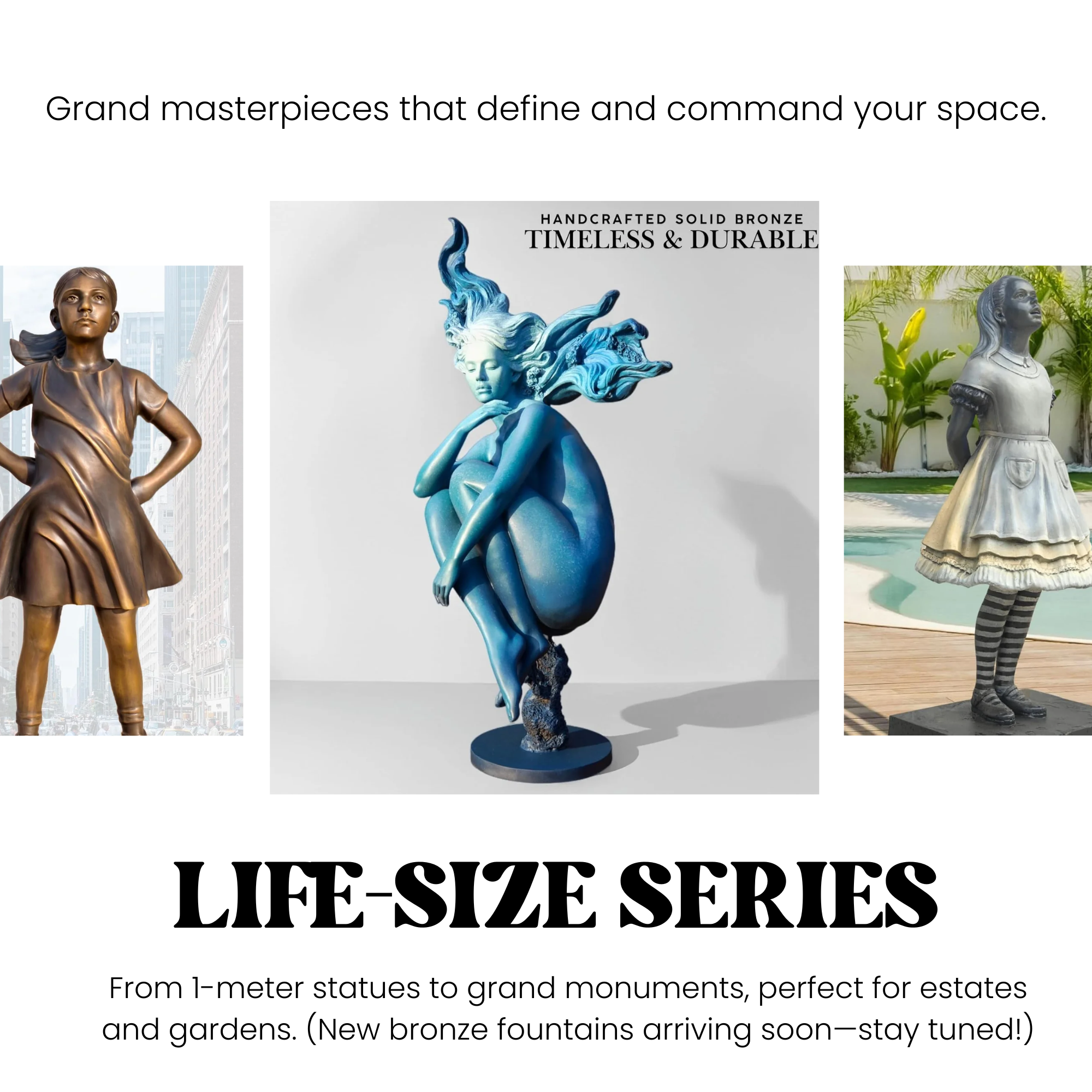 Life-size bronze sculptures and monuments for estates and gardens, featuring a blue patina artistic figure and classic girl statues.