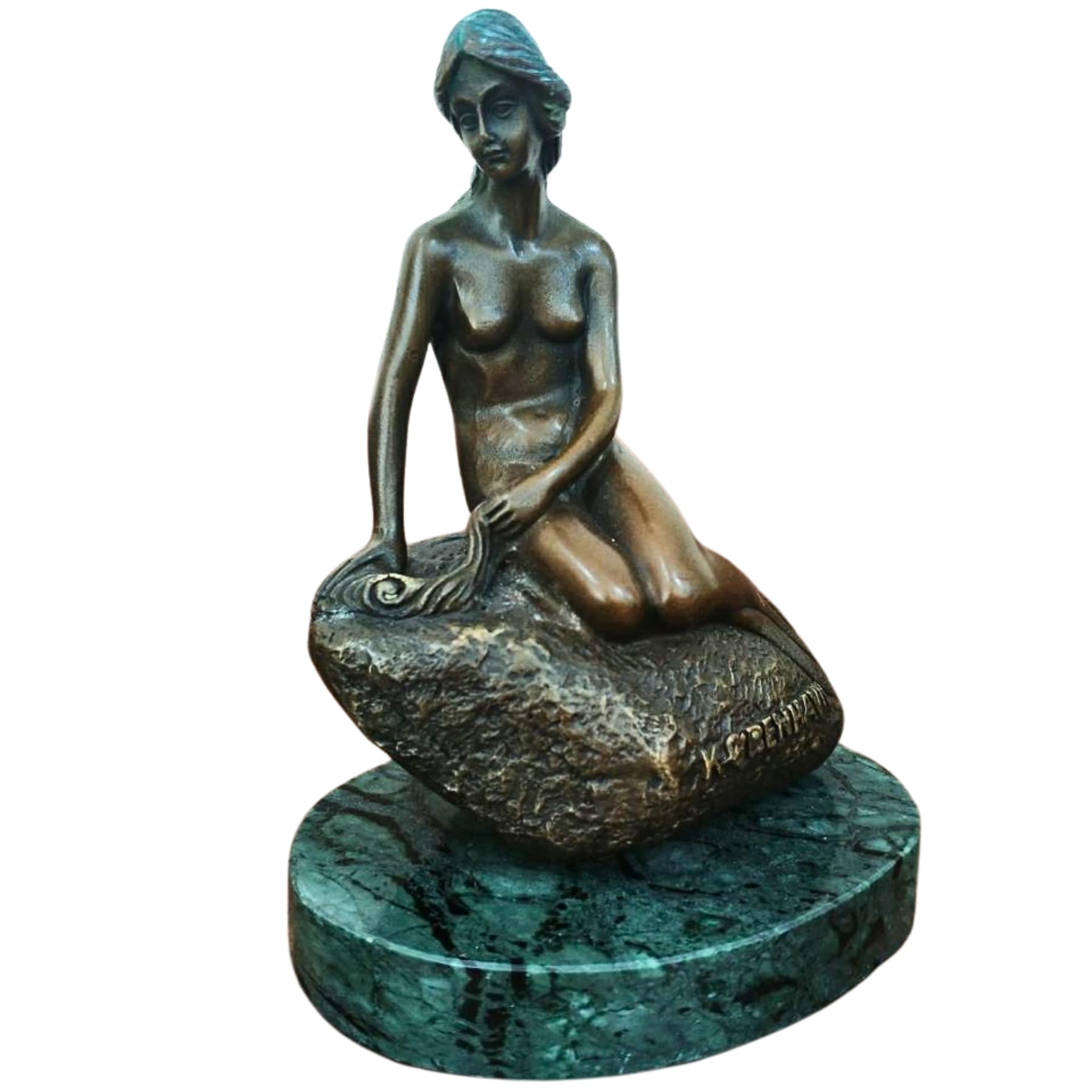 Classic little mermaid bronze sculpture verdigris patina green marble base full view