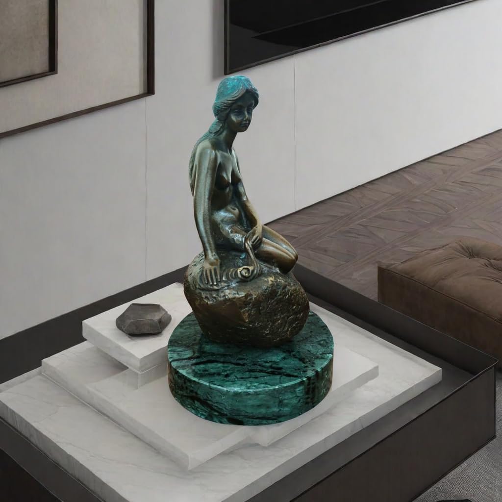 Little mermaid bronze sculpture green marble base desk close up detail craftsmanship
