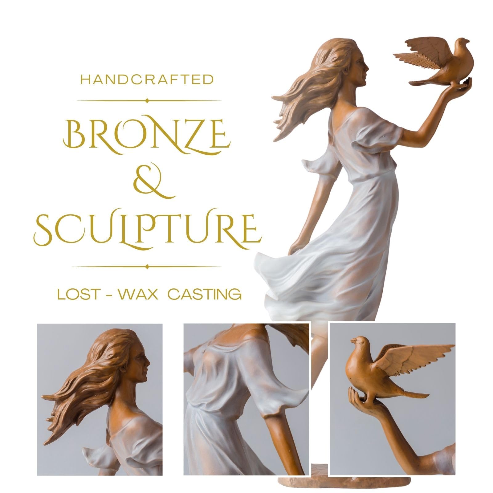 Lost wax bronze sculpture label detail Luo Li Rong lady holding bird casting quality