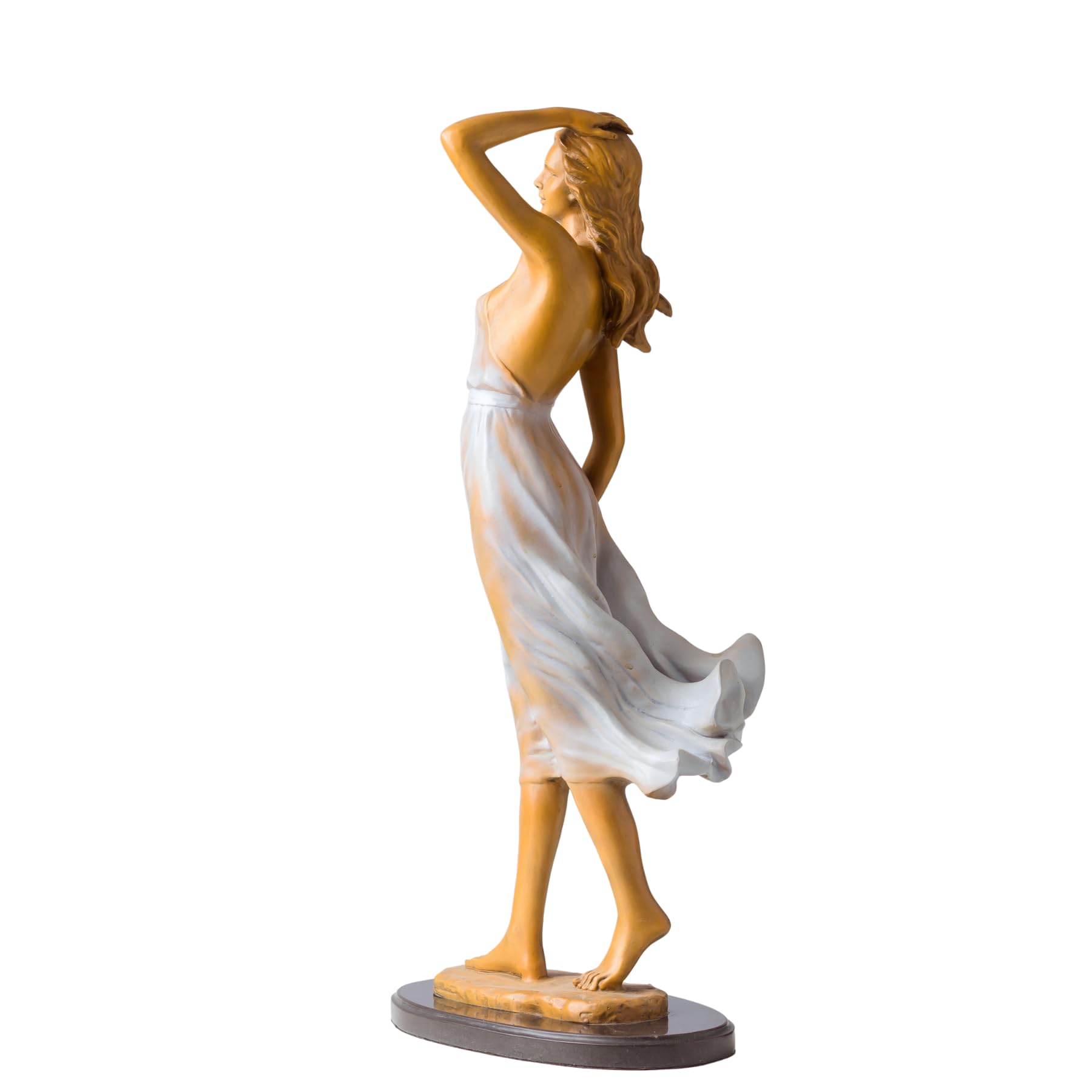 Luo Li Rong bronze veiled woman statue on balcony with ocean view background