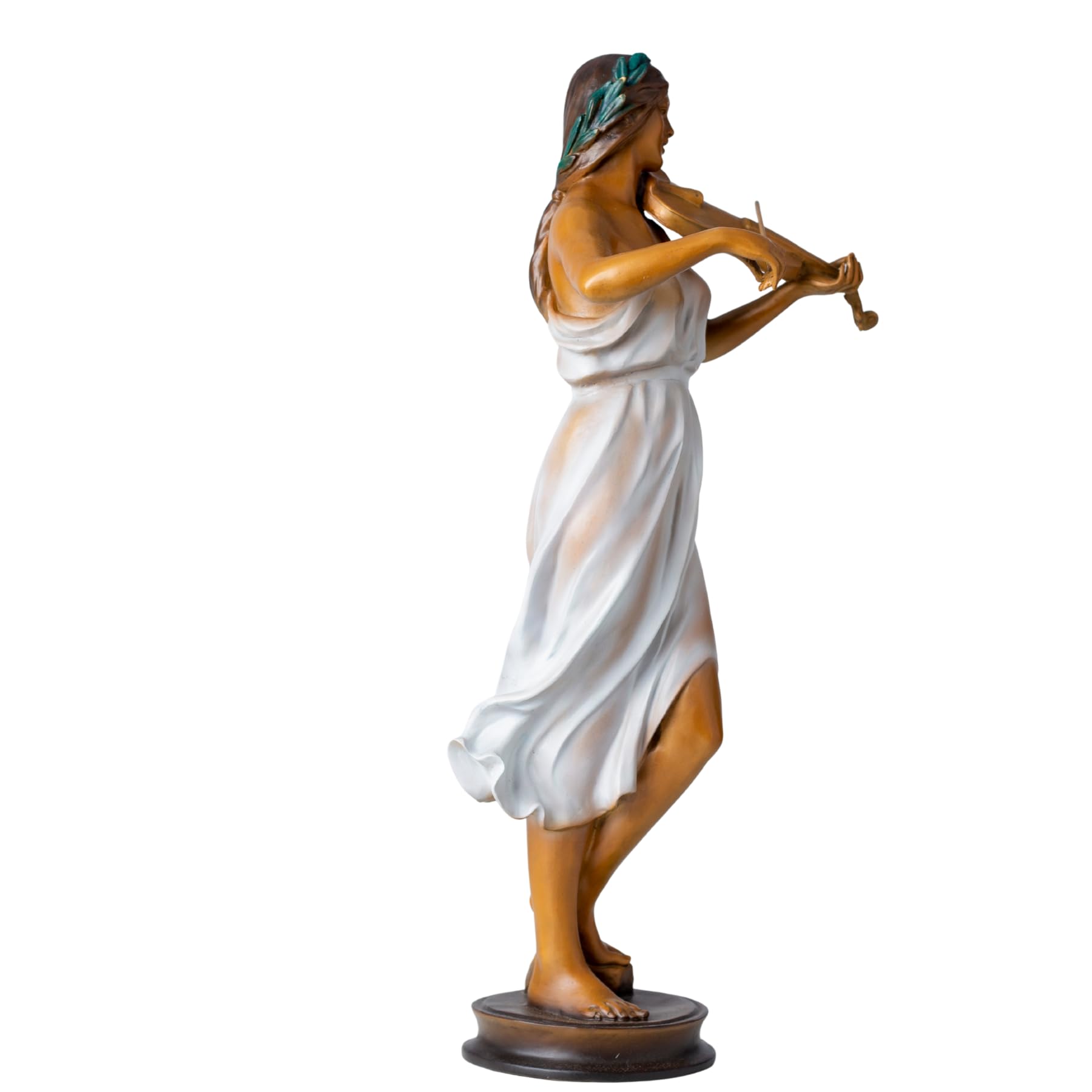 Luo Li Rong bronze violin woman statue flowing dress back drape detail close up