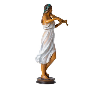 Luo Li Rong bronze violin woman statue flowing dress back drape detail close up