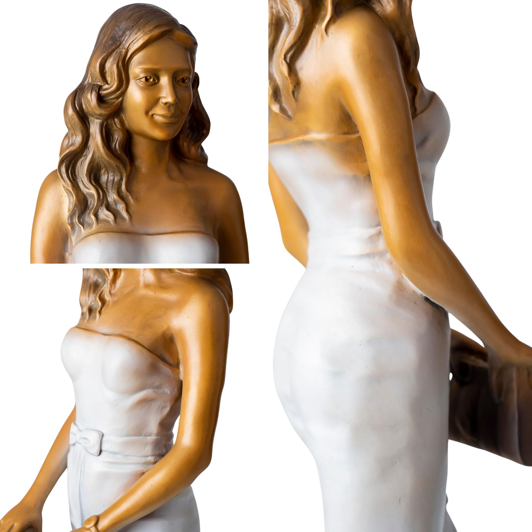 Luo Li Rong bronze violin woman statue off shoulder dress detail close up craftsmanship