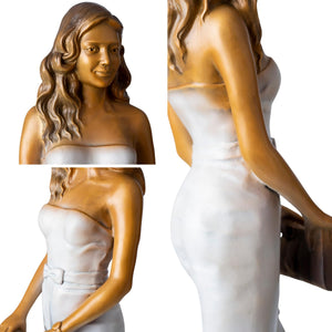 Luo Li Rong bronze violin woman statue off shoulder dress detail close up craftsmanship